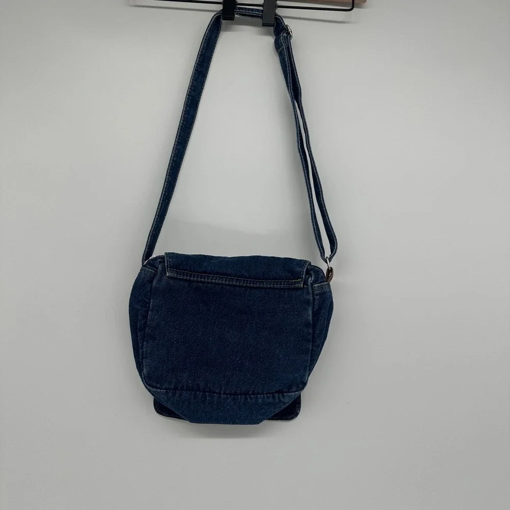 Boho 90s Denim Crossbody Bag Beaded‎ Fringe Leather Trim Adjustable Strap